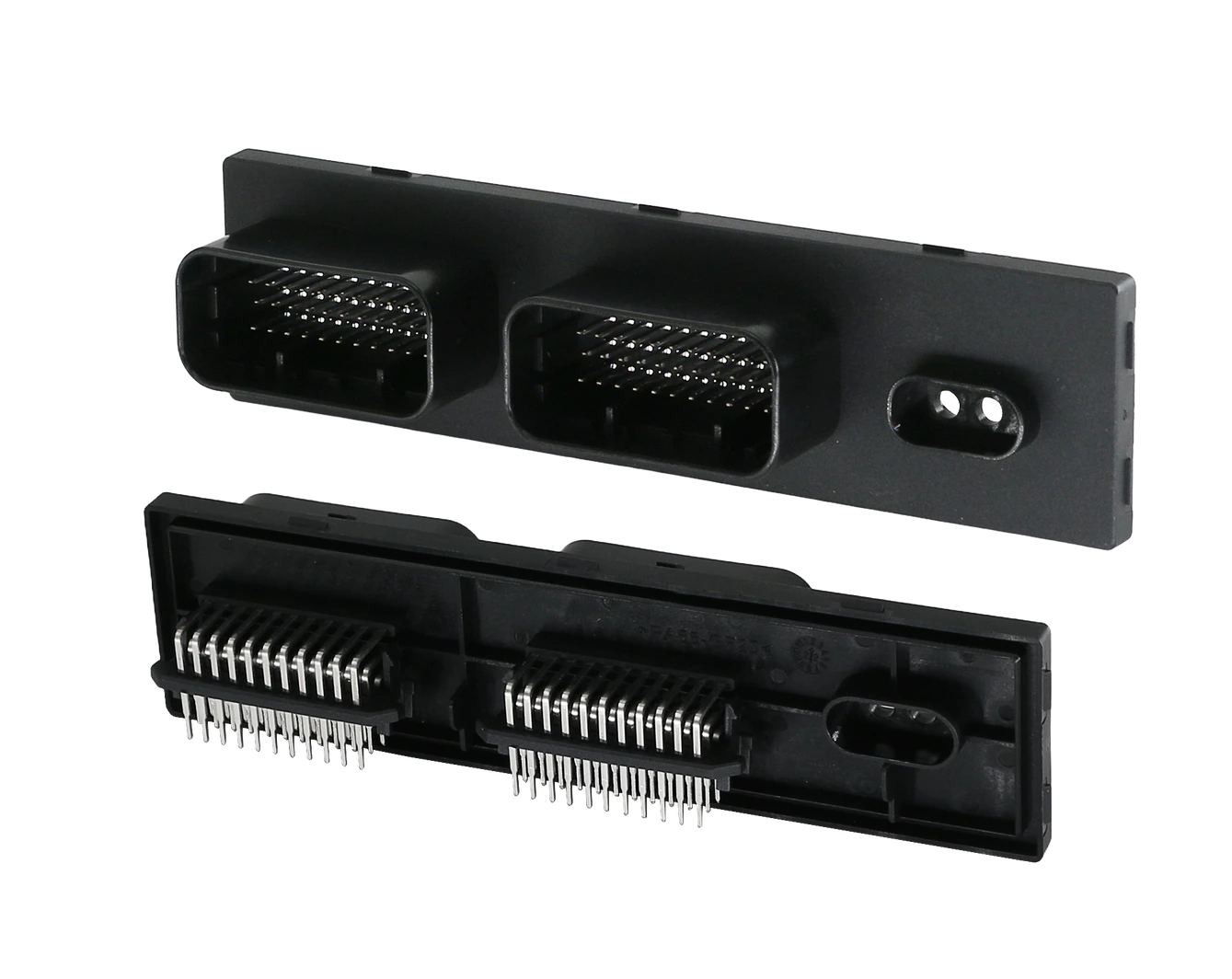 DJ7661 multi-cavity automotive connector header: two dense pin fields and a two-way power cavity, shown from the mating face and from the terminal side, DJ76 series