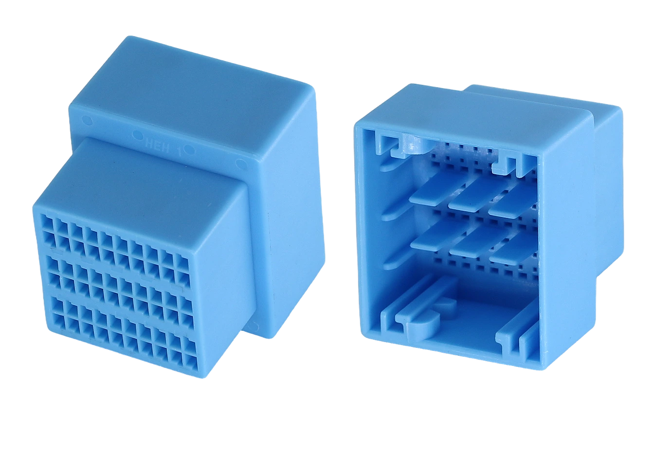 DJ7601A blue connector housing pair: one part showing the terminal grid, the other the mating face with its blade rows, DJ76 series